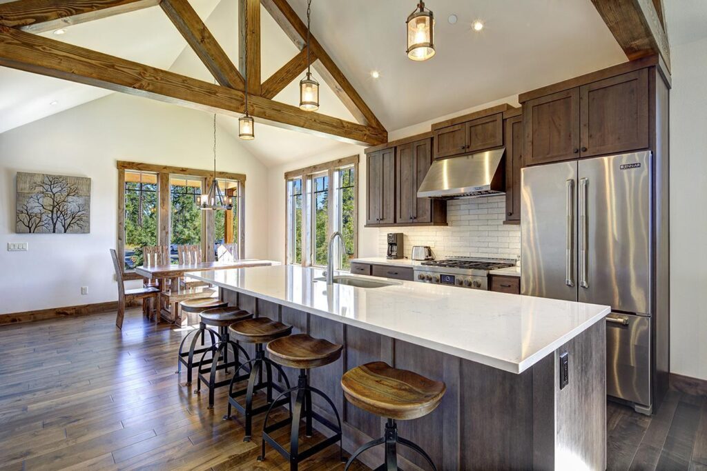 a kitchen with a center island with stools.