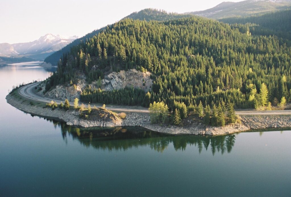 a scenic view of a lake surrounded by trees.