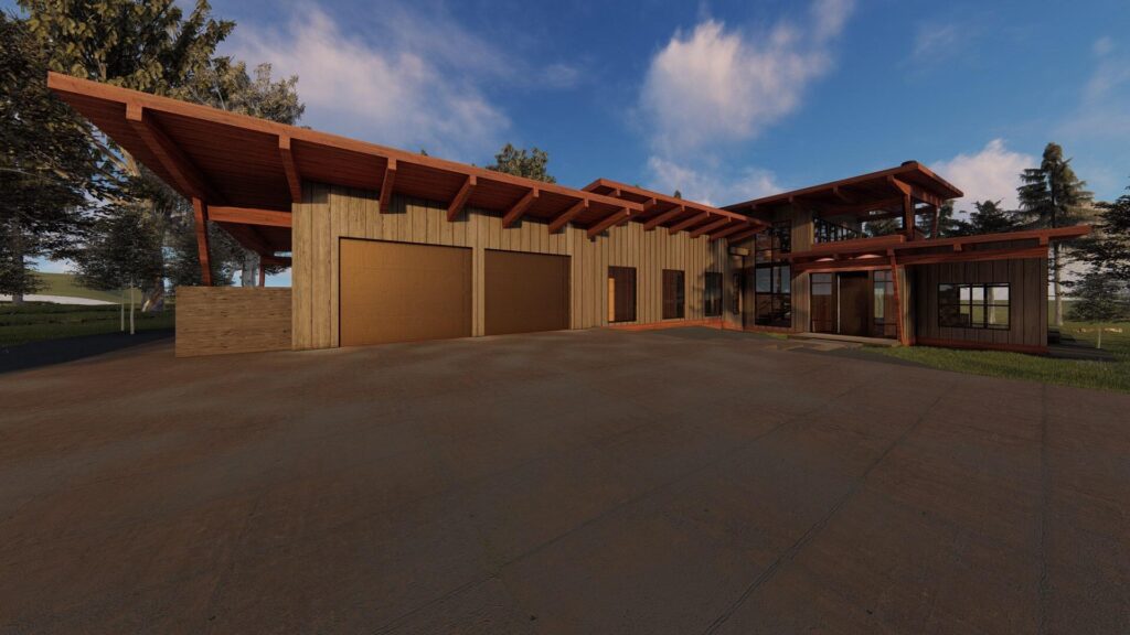 a 3d rendering of a house with a large driveway.