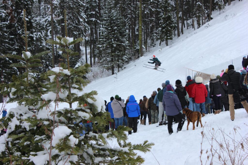 a group of people standing around a tree in the snow.