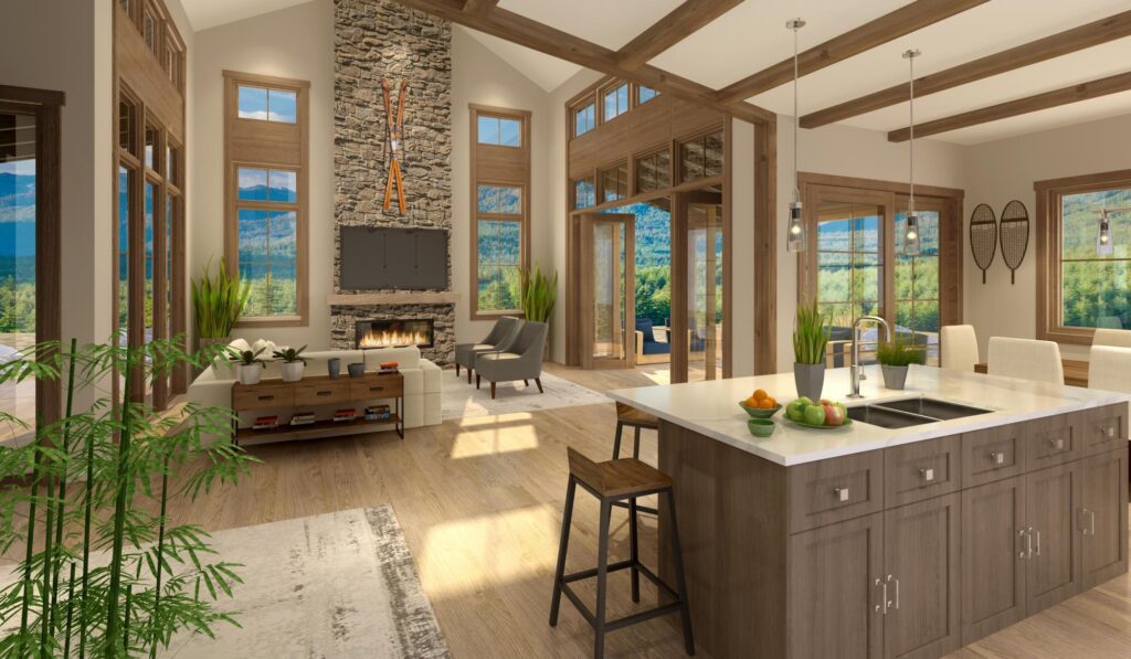 a large kitchen with a center island in the middle of the room.